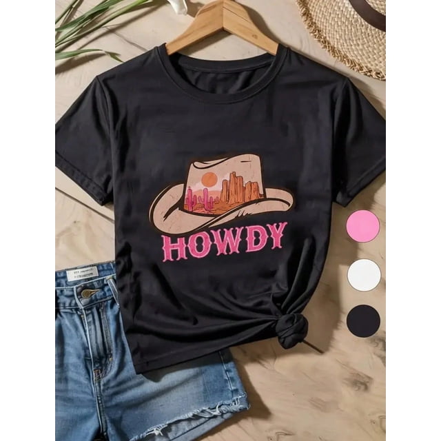 1pc Girls' Western Cowgirl T-Shirt - Soft Stretch Cotton Short Sleeve Top With Howdy Print & Cowboy Hat Design, Pink Lettering & Cactus Graphics - All-Season Casual Wear For Parties, Camping