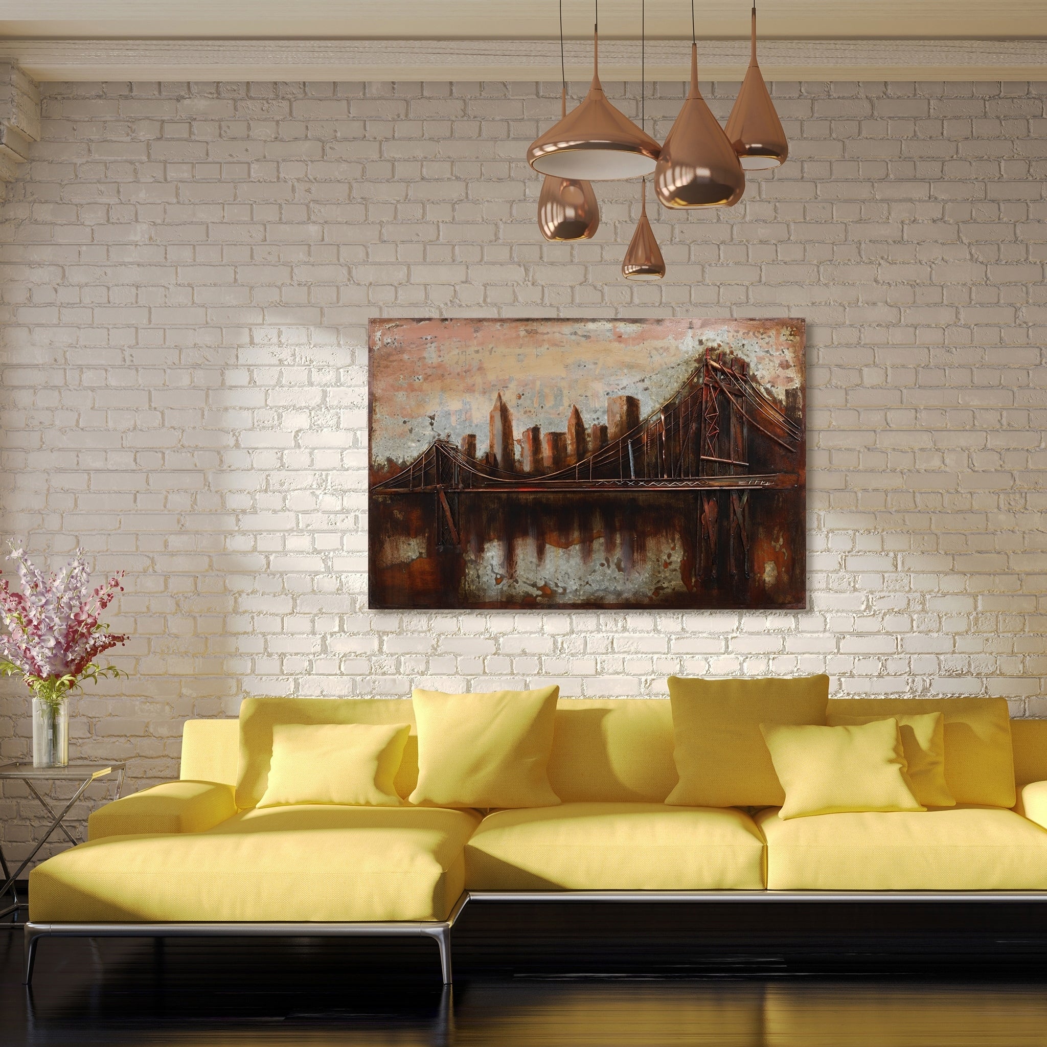 Bridgescape Hand Painted 3D Metal Wall Art, 48" x 32" x 1.6", Ready to Hang