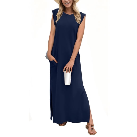 Vestido largo GRECERELLE sin mangas, cuello redondo, azul marino, talla S