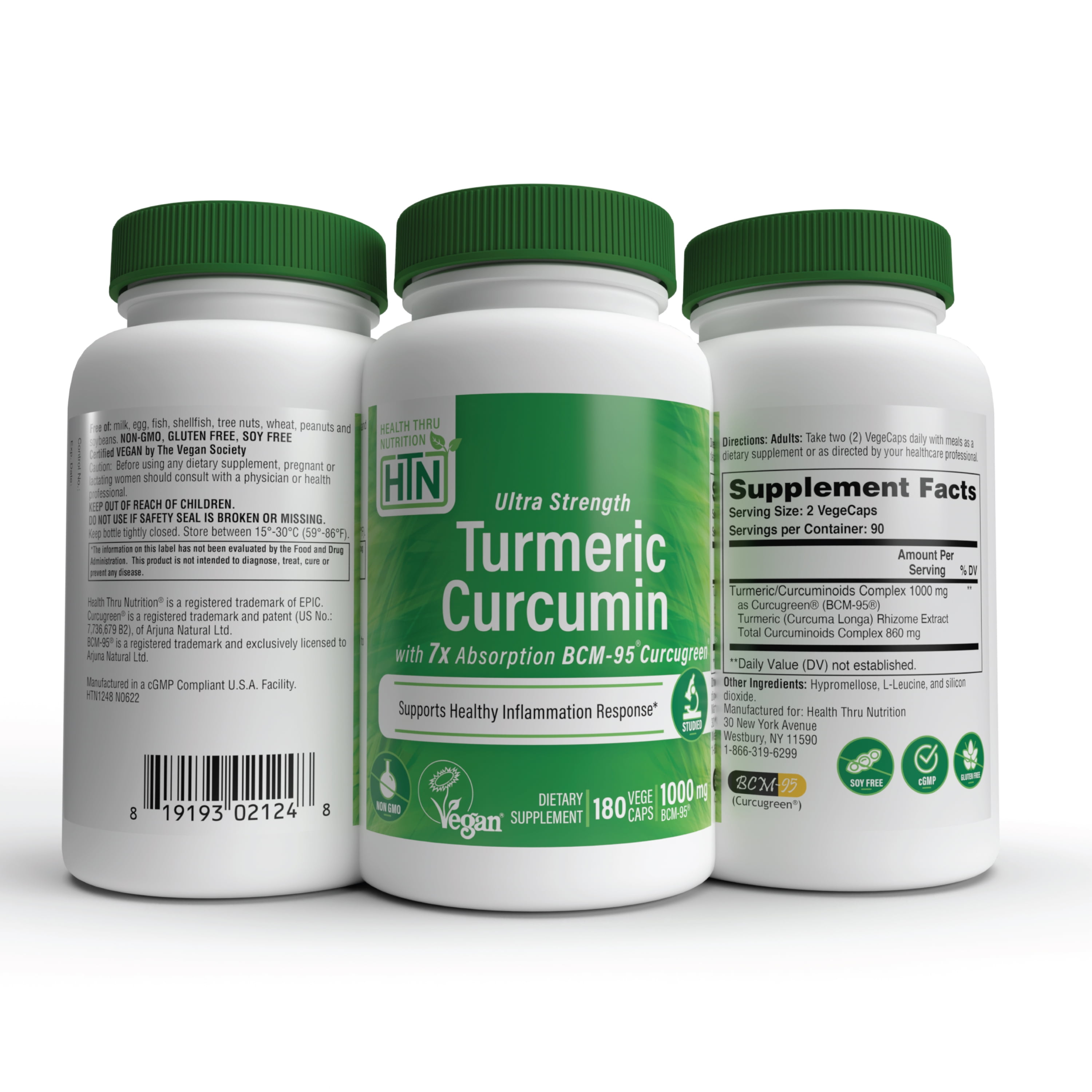 Turmeric Curcumin Complex (Vegan) as BCM-95® Curcugreen® (1000mg) 180 Vegecaps by Health Thru Nutrition