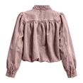 thumbnail image 5 of Womens Cropped Denim Jacket Button Down Y2K Ruffle Jean Shacket Mock Neck Casual Tops Long Sleeve Retro Washed Denim Coat Pink M, 5 of 6