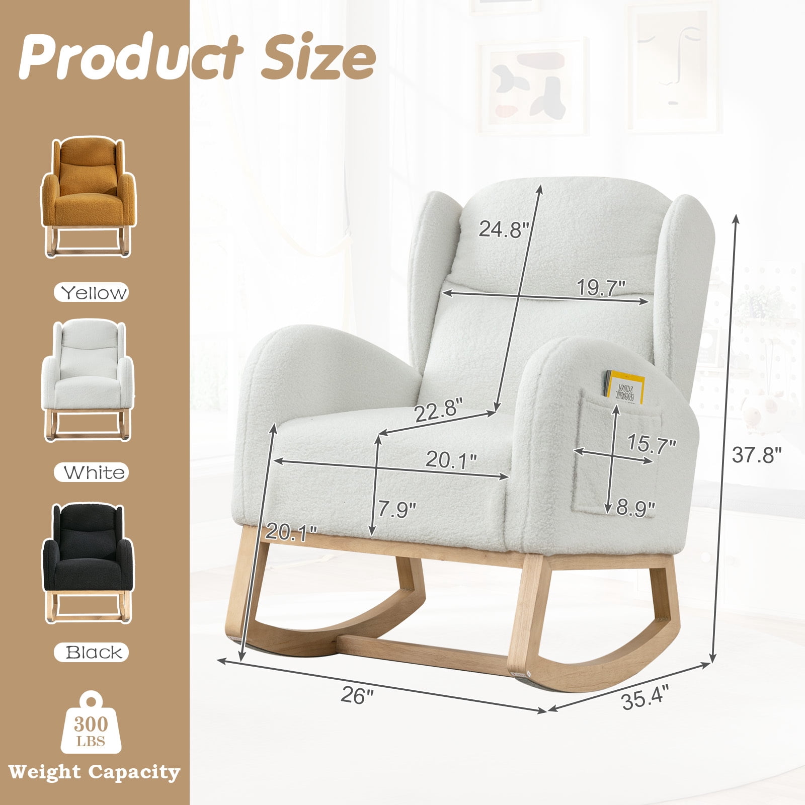 Lunale Indoor Rocking Chair, Upholstered Accent Rocker Chair with Wood Legs, Ivory Teddy