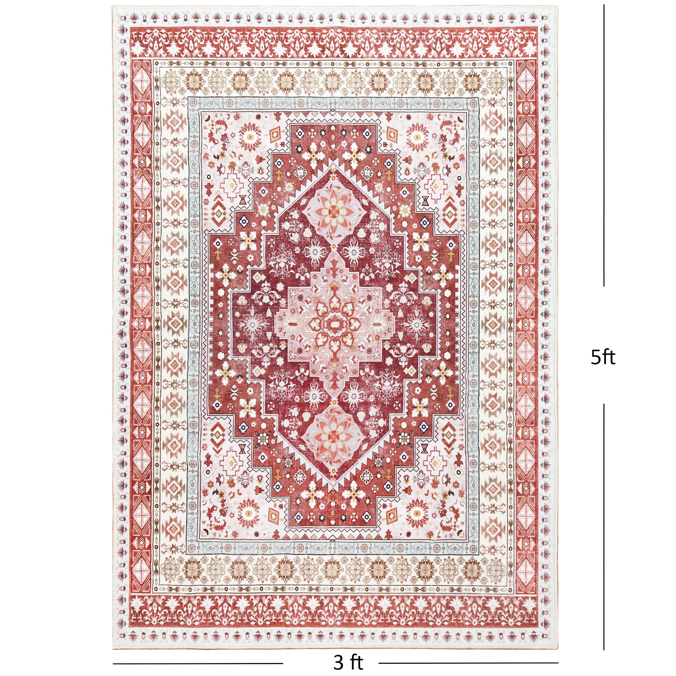 ARJINCUTE Vintage Distressed Bohemian Red Area Rug 3' x 5' Non-Slip Washable Low Pile for Living Room Bedroom Entryway Laundry Room