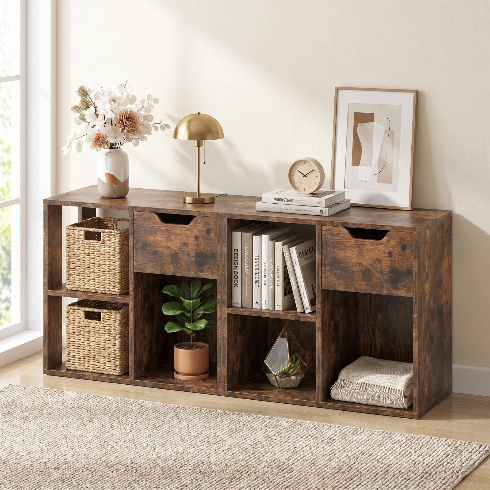 Furnibear 3-Cube Bookcase 2-tier Wooden Storage Shelf with Pull-out Drawer for Living Room Home Office Bedroom Display Storage Shelf, Brown