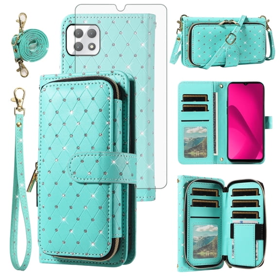 Compatible with T-Mobile Revvl 7 5G Wallet Phone Case Tempered Glass Screen Protector Bling Crossbody Lanyard Strap Flip Zipper Purse Card Holder Cell Cover for Tmobile Revvl7 T Mob Revel Women Green