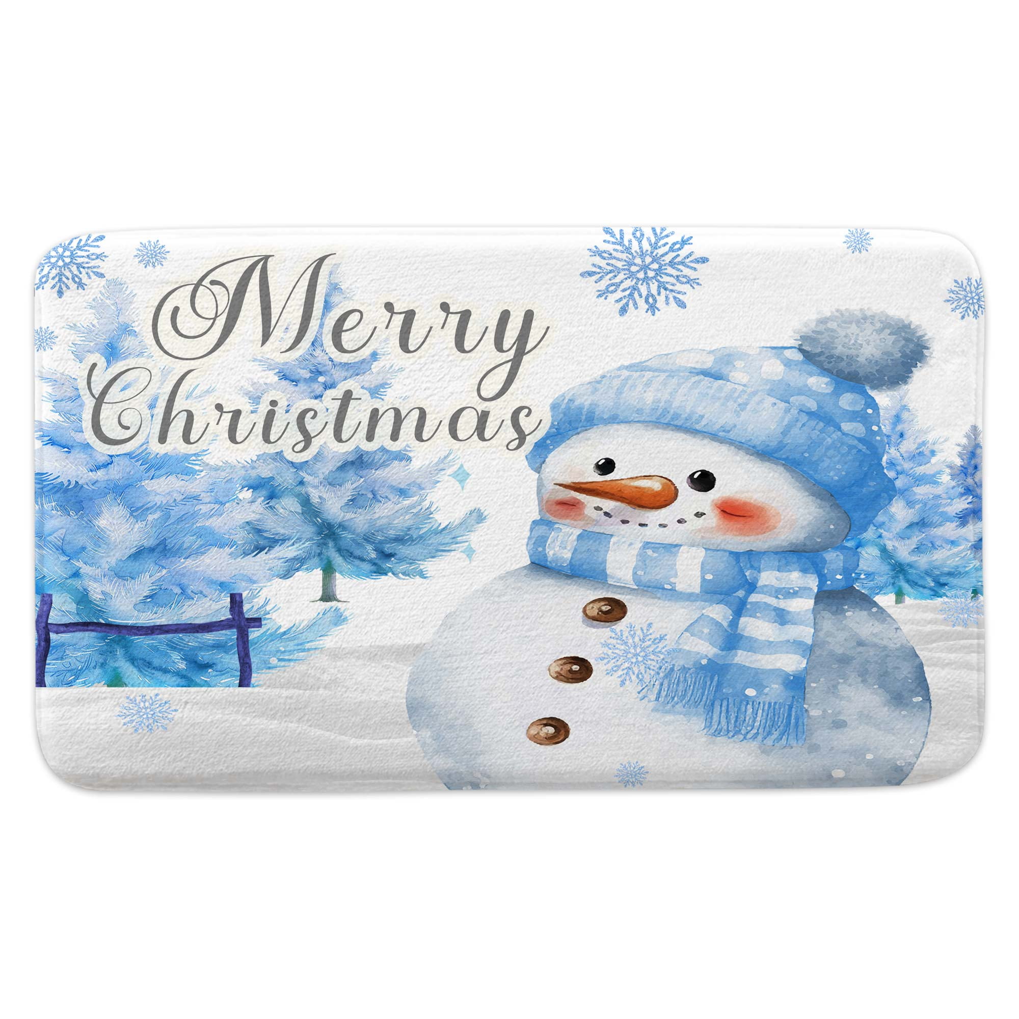 Christmas Door Bath Mat, Blue Cute Snowman Christmas Tree Nature Forest Door Mat Bath Mat Rug, Non-Slip Entrance Door Rugs for Indoor Outdoor Bathroom,17X48