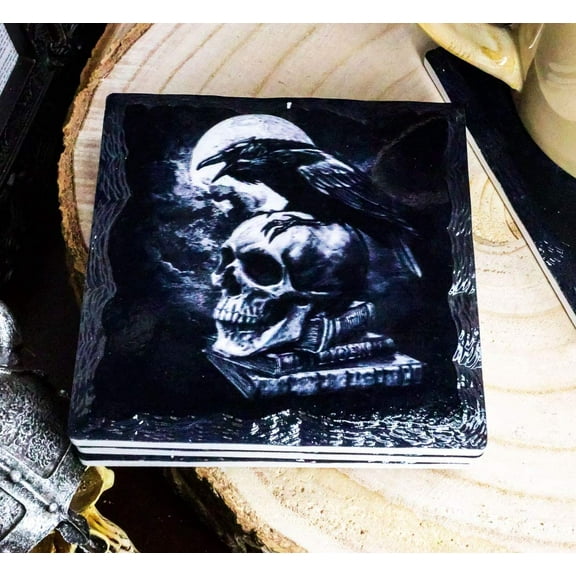 Ebros Gothic Edgar Poe Raven Crow Nevermore Cork Backed Ceramic Coasters 4 Piece
