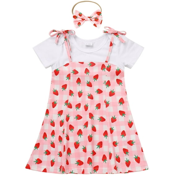 IWEMEK Short Sleeve Dresses for Little Girl Casual Crewneck Dress Strawberry Print Cute Pink Outfit Size 18-24M