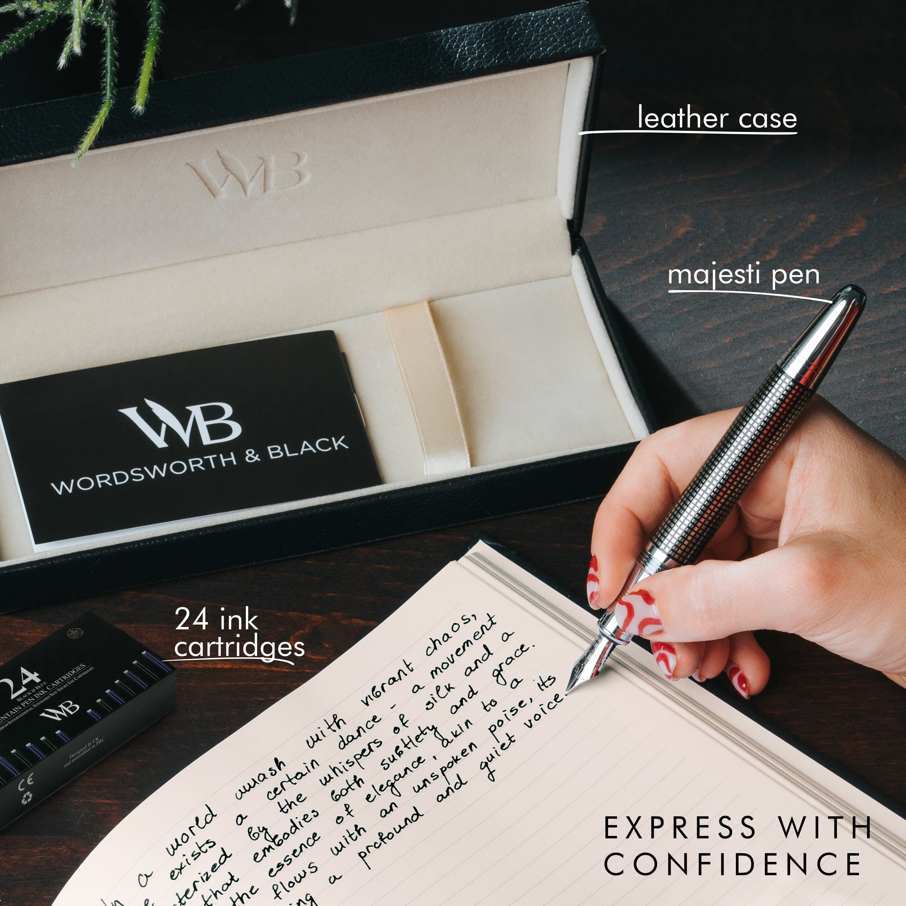 Wordsworth & Black Majesti Fountain Pen-(Black Checked), Luxury Case, Stainless Steel; Medium Nib- Ink Cartridges, Refillable Ink Converter-Calligraphy Pen-Best Business Gift Set for Men & Women