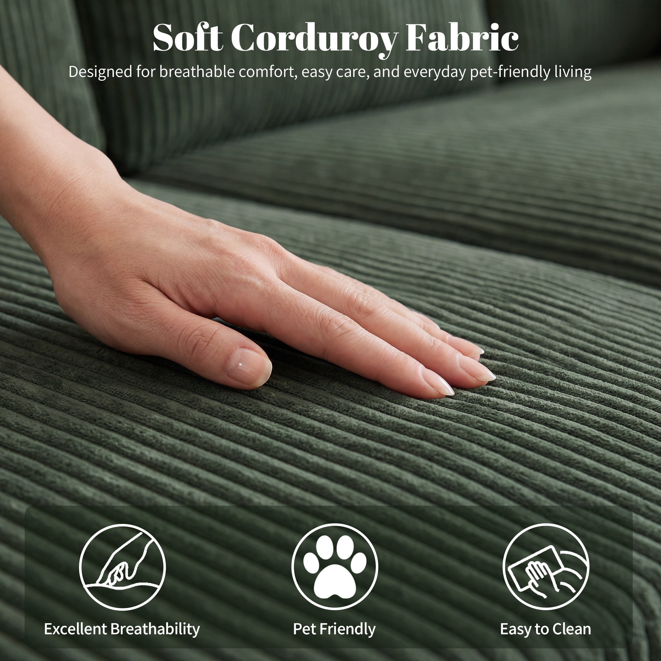 Aenkyo 84" Corduroy Pull Out Sofa Bed with Reversible Storage Chaise and USB Charging, Green