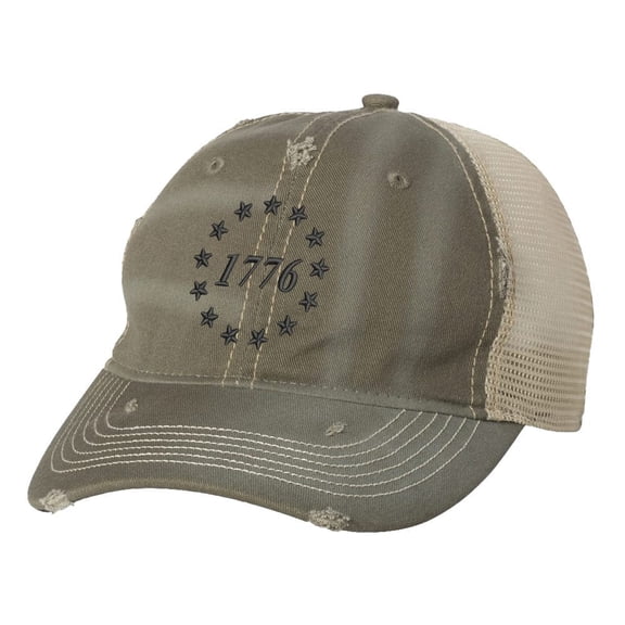 1776 Declaration Trucker Hat Distressed Patriotic Embroidered 13 Colonies Cap (Olive)