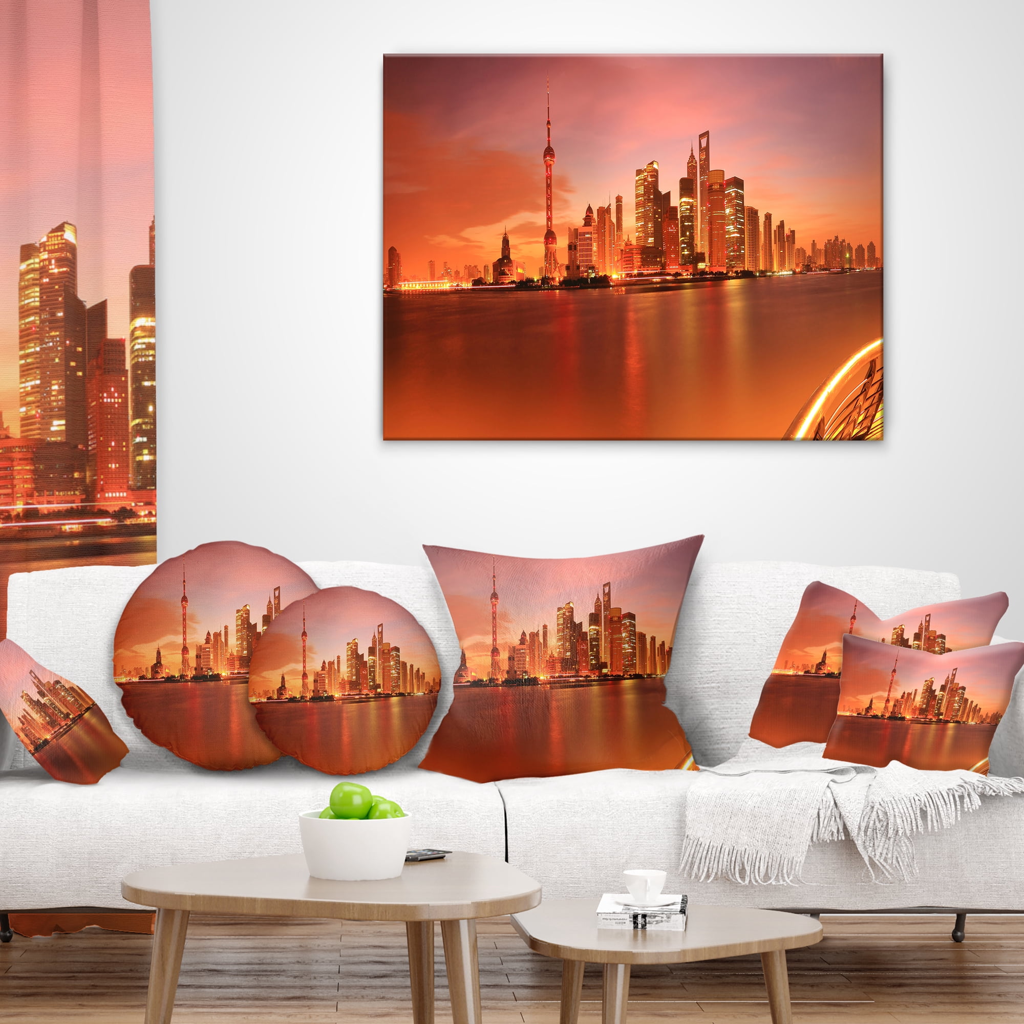 Designart Shanghai Lujiazui Skyline - Cityscape Photography Throw Pillow - 12x20