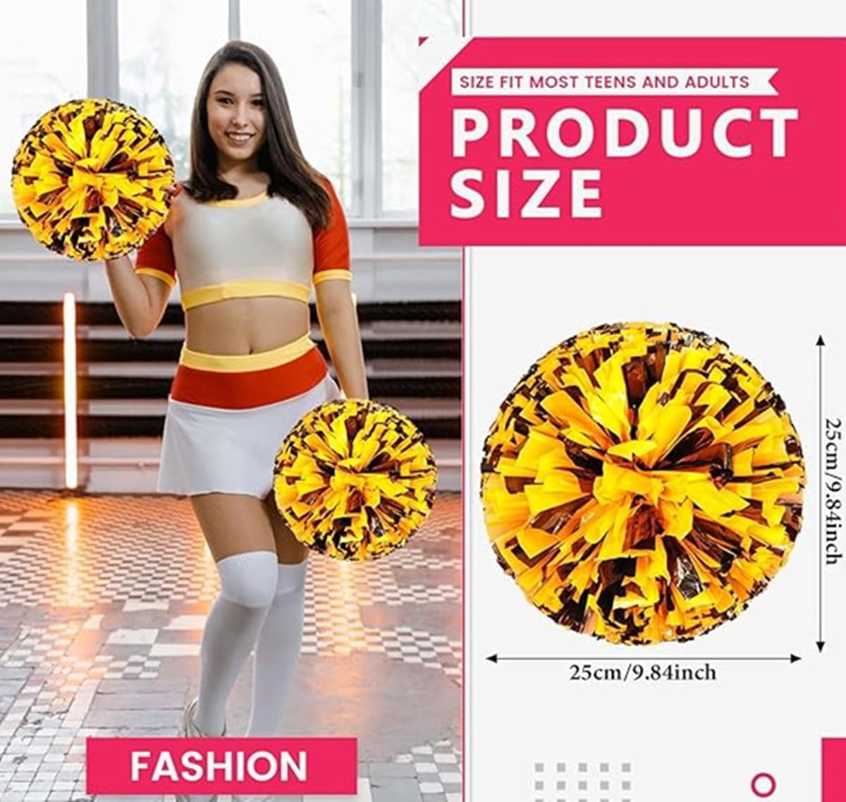 EONQY 8 Pcs Cheerleading Pom Poms Cheerleader Squad Spirited Fun Pompoms 10 Inch Metallic Foil Cheer Pom Poms with Handle Flowers for Sport Team Dance Party