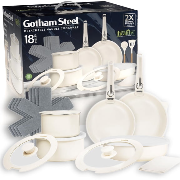 Gotham Steel 18 Piece Aluminum Ceramic Nonstick Detachable Handle Cookware Set in Cream