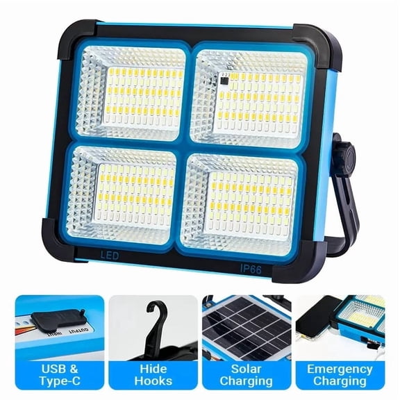 WEXOPE Solar Rechargeable LED Floodlight 288 Beads - 3 Lighting Modes, IP66 Waterproof, USB Rechargeable, Portable Work Light for Outdoor Use,Blue