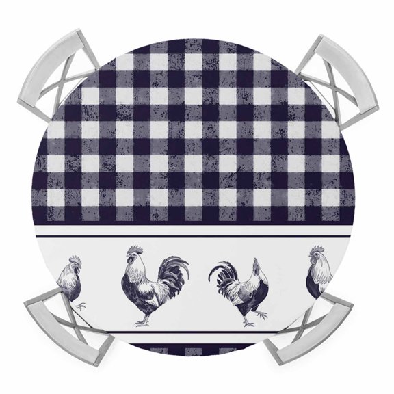 Elastic Fitted Round Tablecloth, Farmhouse Purple Plaid Waterproof Stretch Table Cover for 36"-44" Tables, Vintage Country Cock Checkered Washable Outdoor Tablecloths for Patio, Picnic, Camping