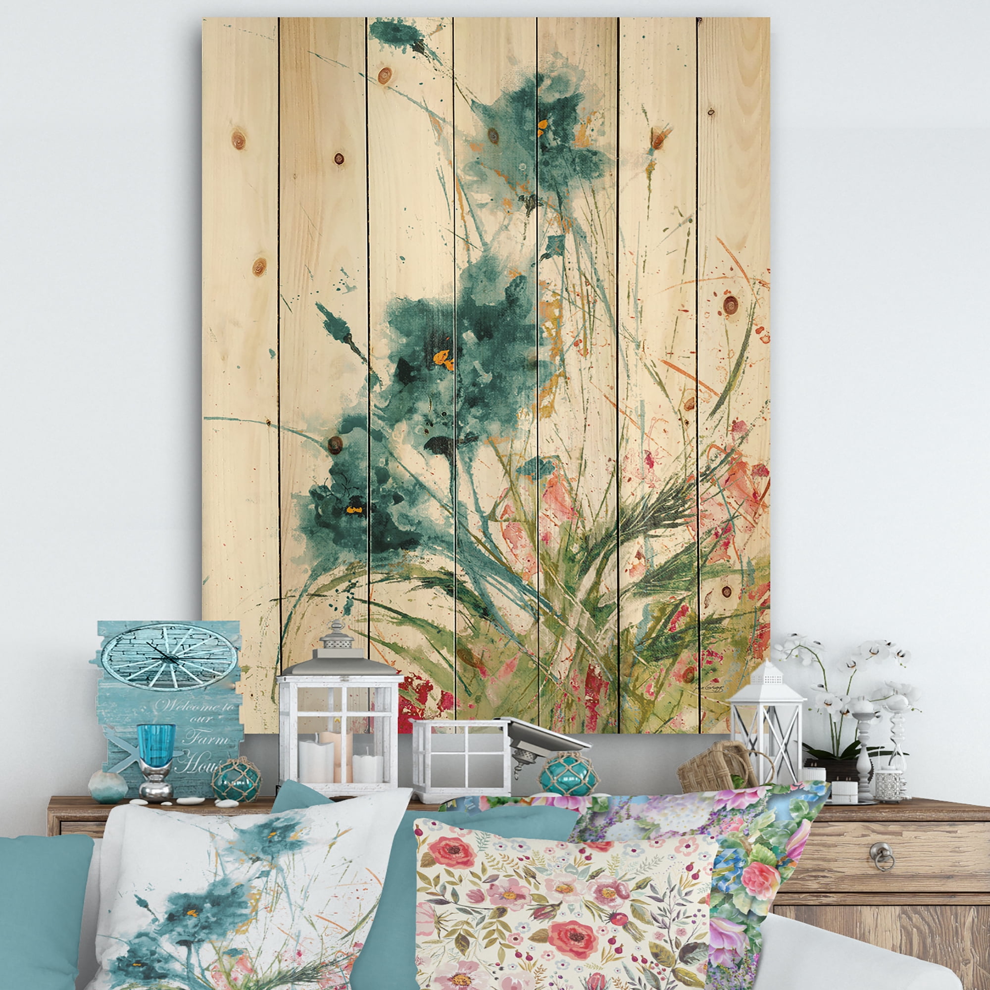 Designart 'Wild Blue Abstract Farmhouse Flowers' Modern Farmhouse Print on Natural Pine Wood