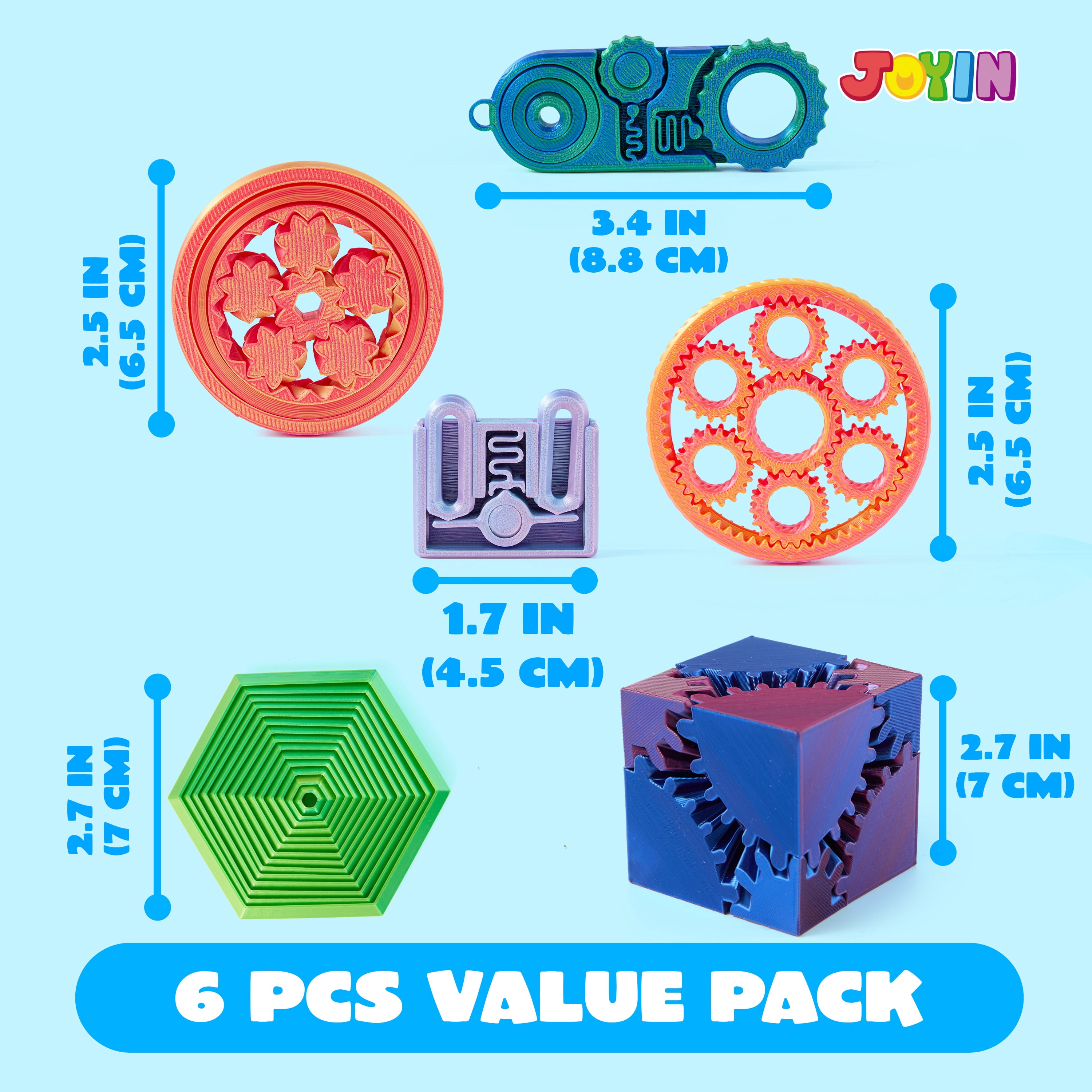 Joyfy 6 Pcs 3D Printed Fidgets Spin Fractal Click Gear Stress Relief Toys for Kids & Adults, Metallic Color ADHD Autism Product, Sensory Tools, Gifts for Birthday Christmas