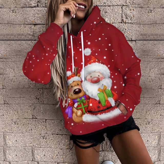 Costumes de Noël 2023 Mode Chandail Imprimé pour Femmes Manches Longues Blouse à Capuche Chandail en Molleton Chandail pour Femmes en Liquidation