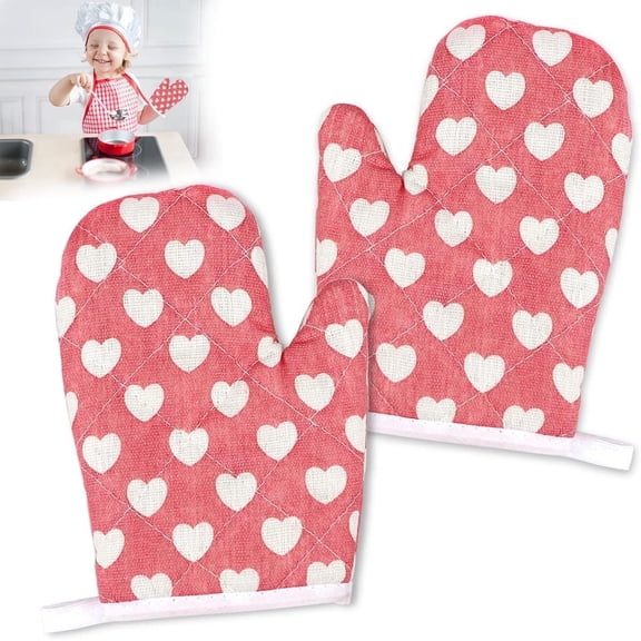 Wzw 2 Pack Kid Oven Mitts for Children Heat Resistant Kitchen Mitts Great for Cooking Baking Age 4-12 (7"x4.7" Sweet Heart)