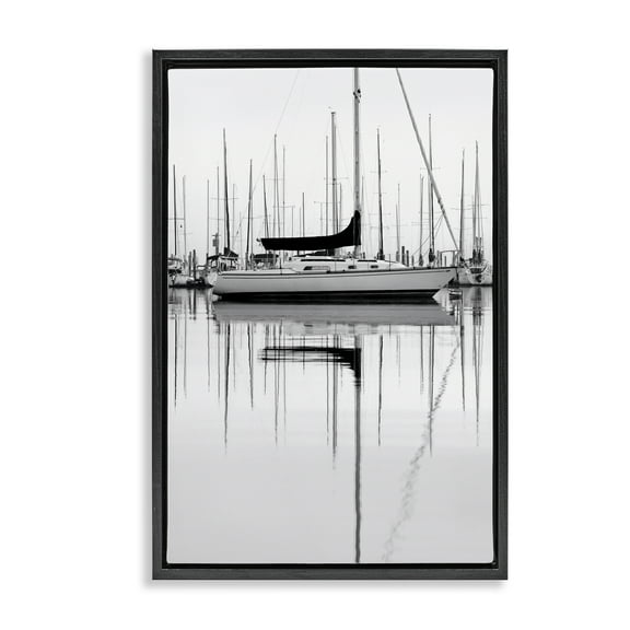Stupell Industries Monochrome Boat Harbor Transportation Photography Black Floater Framed Canvas Art Print Wall Art, 17 x 25