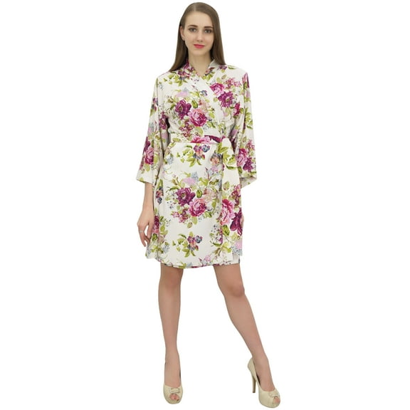 Bimba Women's White Digital Printing Kimono Robe Rayon Short Bridal Belt Robe-6