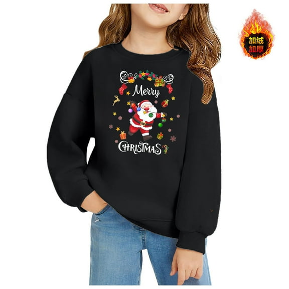 WhouRiu Girl Christmas Sweatshirt Warm Santa Print Long Sleeve Shirt Kids Festival Holiday Winter Sweatshirts Black,Sized 18-24 M