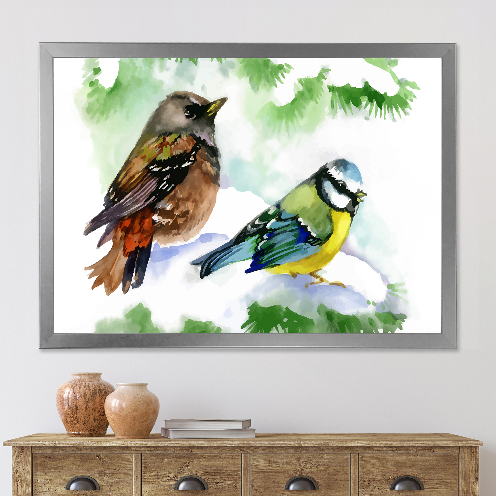 Designart 'Forest Birds Sitting On Snowy Fir Tree Branch' Traditional Framed Art Print