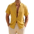 thumbnail image 2 of Men's Solid Color Short Sleeve Stand Collar Button Cardigan, Casual Beach Shirt, Lightweight Crinkle Fabric Top for Resort Wear, Vacation and Warm Weather Outings Yellow M, 2 of 9