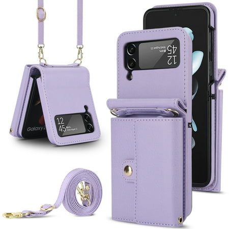 Fashion leather wallet phone case suitable for Samsung Z flip4, lanyard and card holder