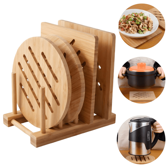 Bamboo Trivet Kitchen Bamboo Hot Pads Trivet Natural Bamboo Trivet Mat Set for Hot Dishes/Pot/Bowl/Teapot/Hot Pot Holders 2 Square 2 Roundness 1 Storage Rack