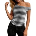 thumbnail image 2 of HappyYEE One Shoulder Tank Tops for Women Plaid Casual Sleeveless Tops Summer Lightweight Soft Slim Fits Tanks,Black,M, 2 of 6