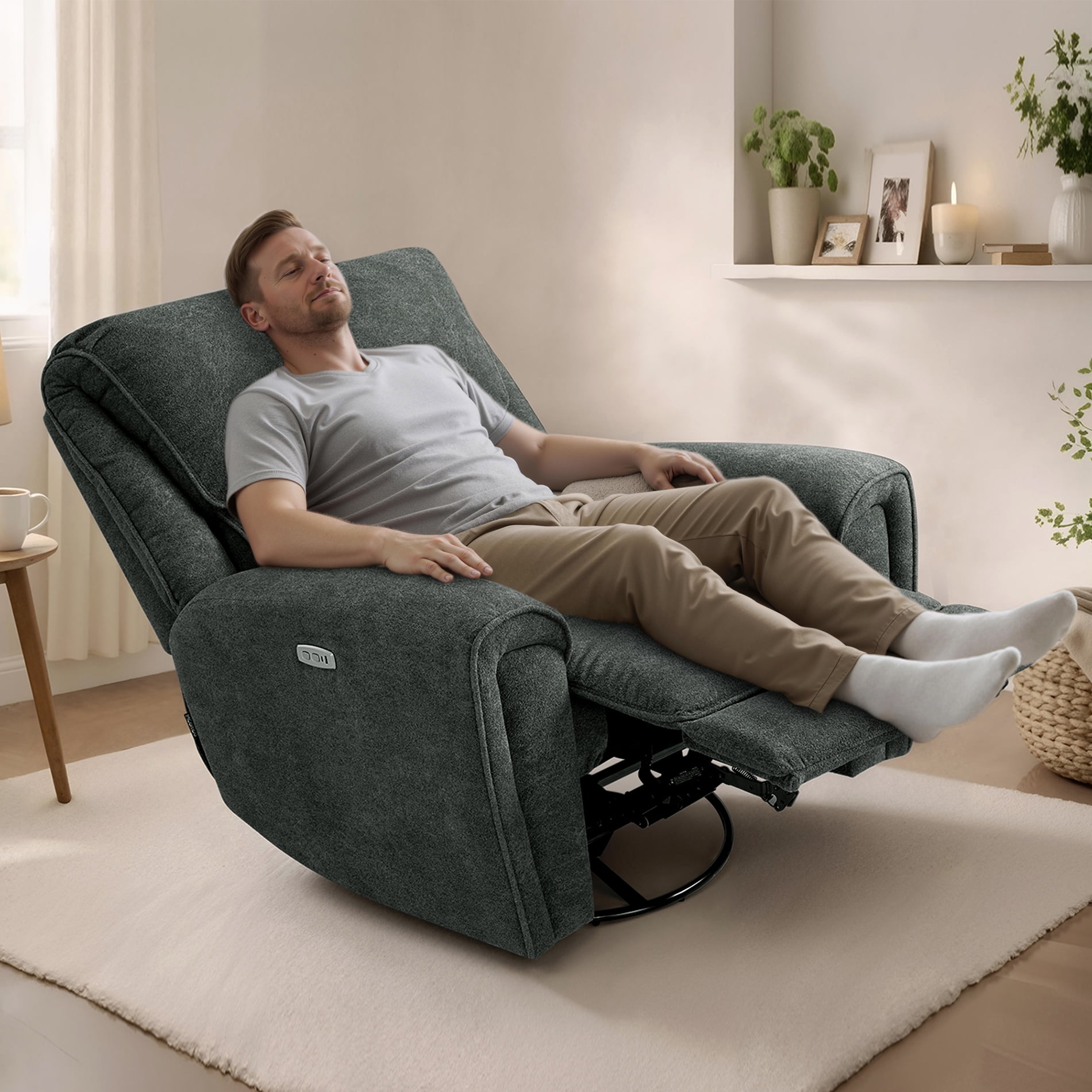 MCombo 400lbs Oversized Swivel Rocker Power Recliner Chair for Big and Tall People, Fabric, Dark Grey