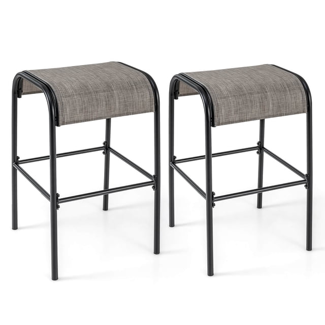 Gymax 2PCS 30'' Bar Height Bistro Stools Outdoor Bar Stools with breathable fabric seats. These backless stools feature a sturdy black metal frame with a curved coffee-coloured fabric seat for comfort. Each stool includes a built-in footrest and supports up to 400 lbs. Designed for 40''-48'' high bar tables, they are suitable for patios, backyards, and poolside settings.
