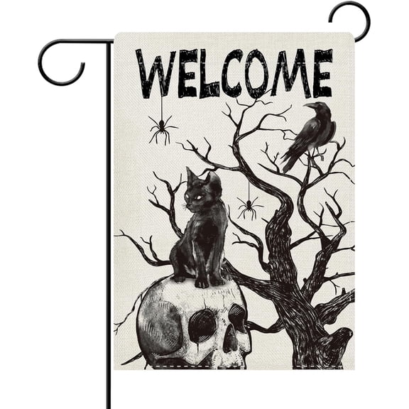 Halloween Gothic Double Sided Garden Flag, Black Cat and Skull Design, Burlap Outdoor Yard Decor, 12 x 18 Inch