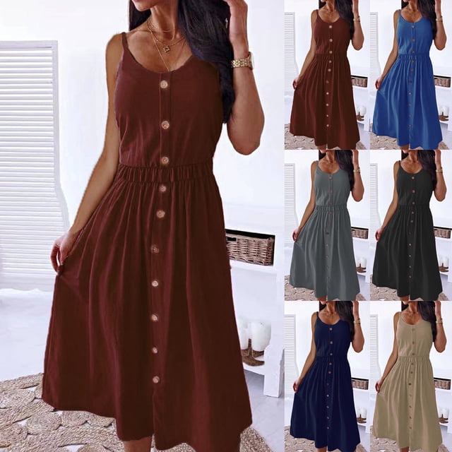 Gspmoly Robes pour Femmes Grande Taille, Robe Mode Sans Manches Unie à Col Rond et Mi-Mollet pour le Printemps et l'Été, Offres de Robes de Vacances pour Femmes