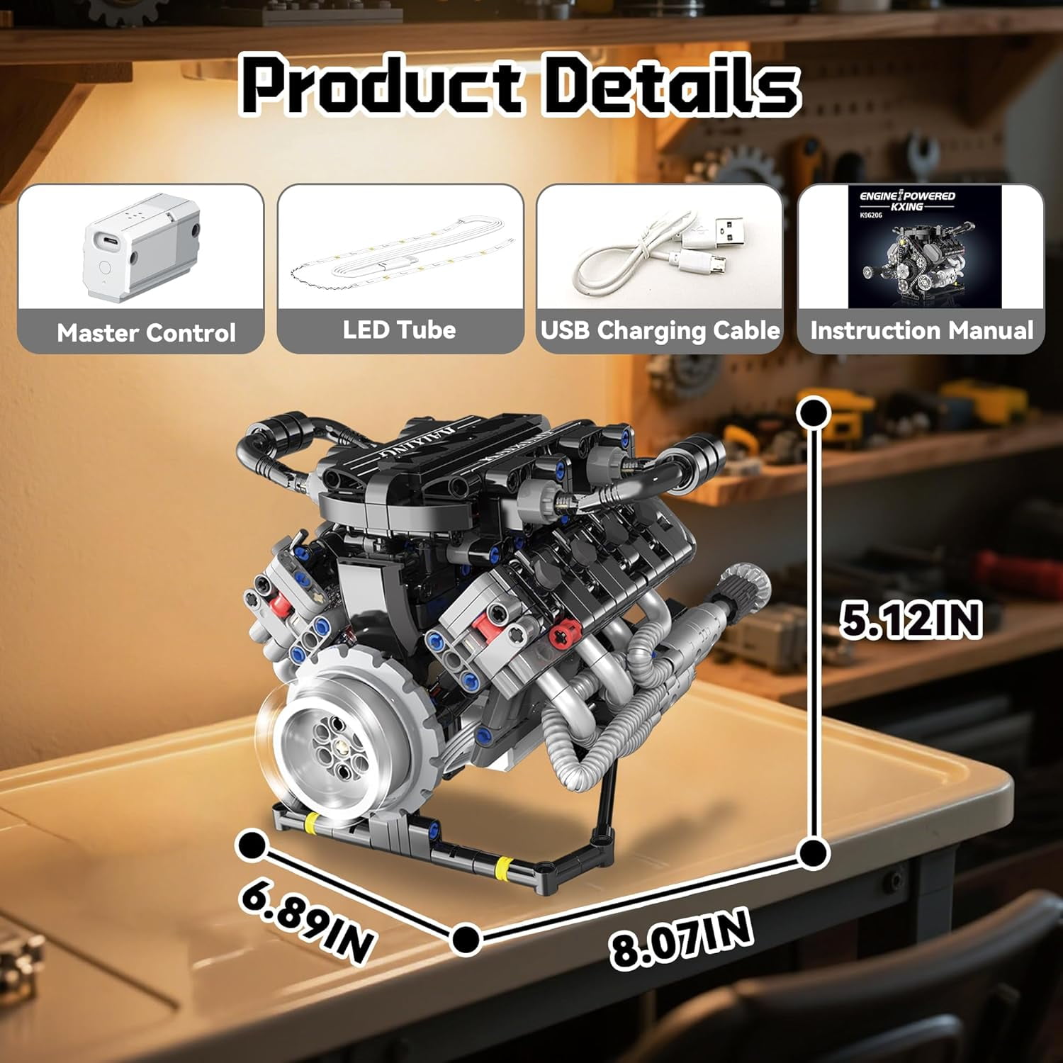 Remocguys V8 Mini Engine Model Kit That Runs Building Sets with Motor, APP Control technic & Light, Car Mechanic Engineering Collectible for Adults Boys 14+