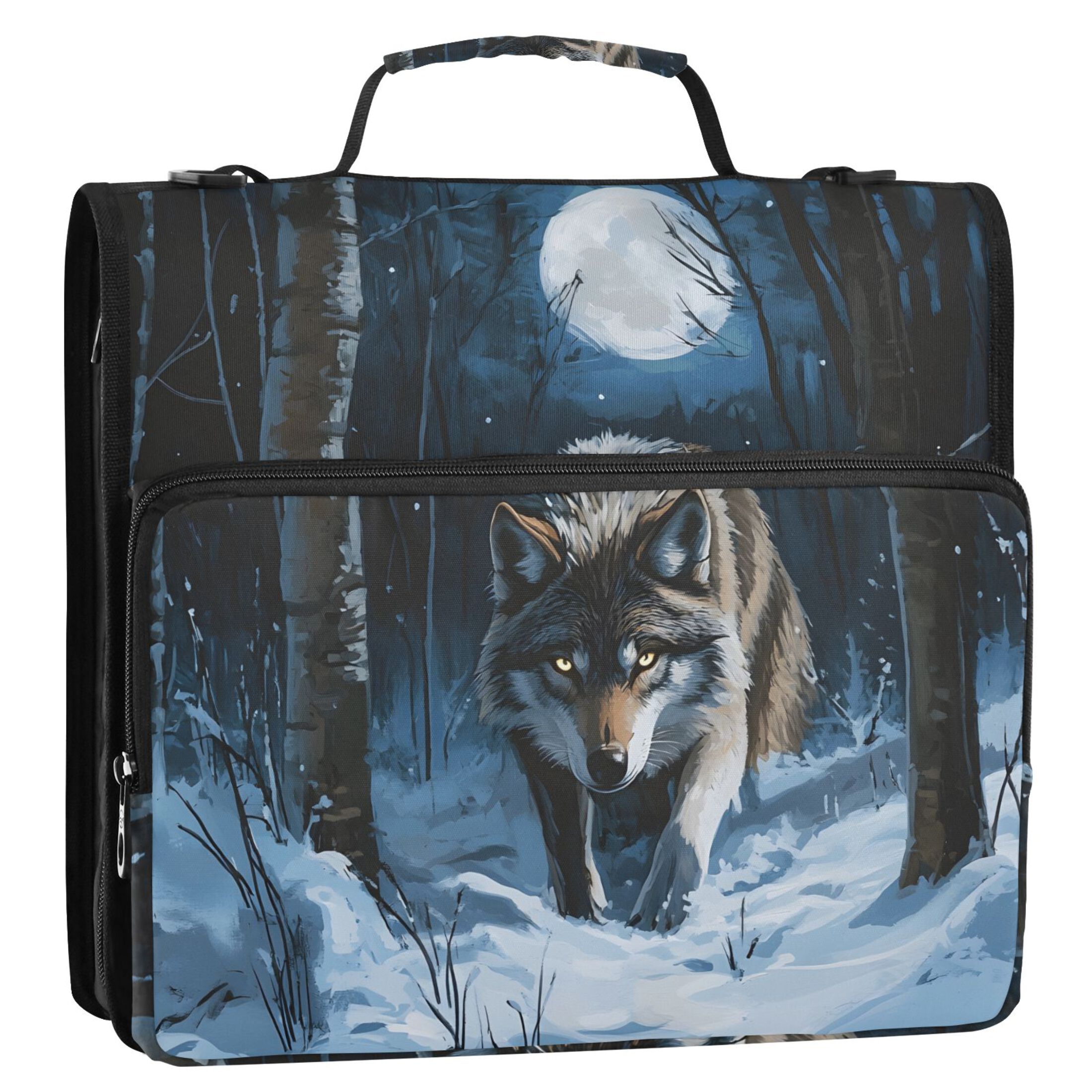 3 Ring Zipper Binder with Shoulder Strap Waterproof Trapper Keeper 2 Inch D-Ring 500 Sheets Capacity Forest Wolf Moon