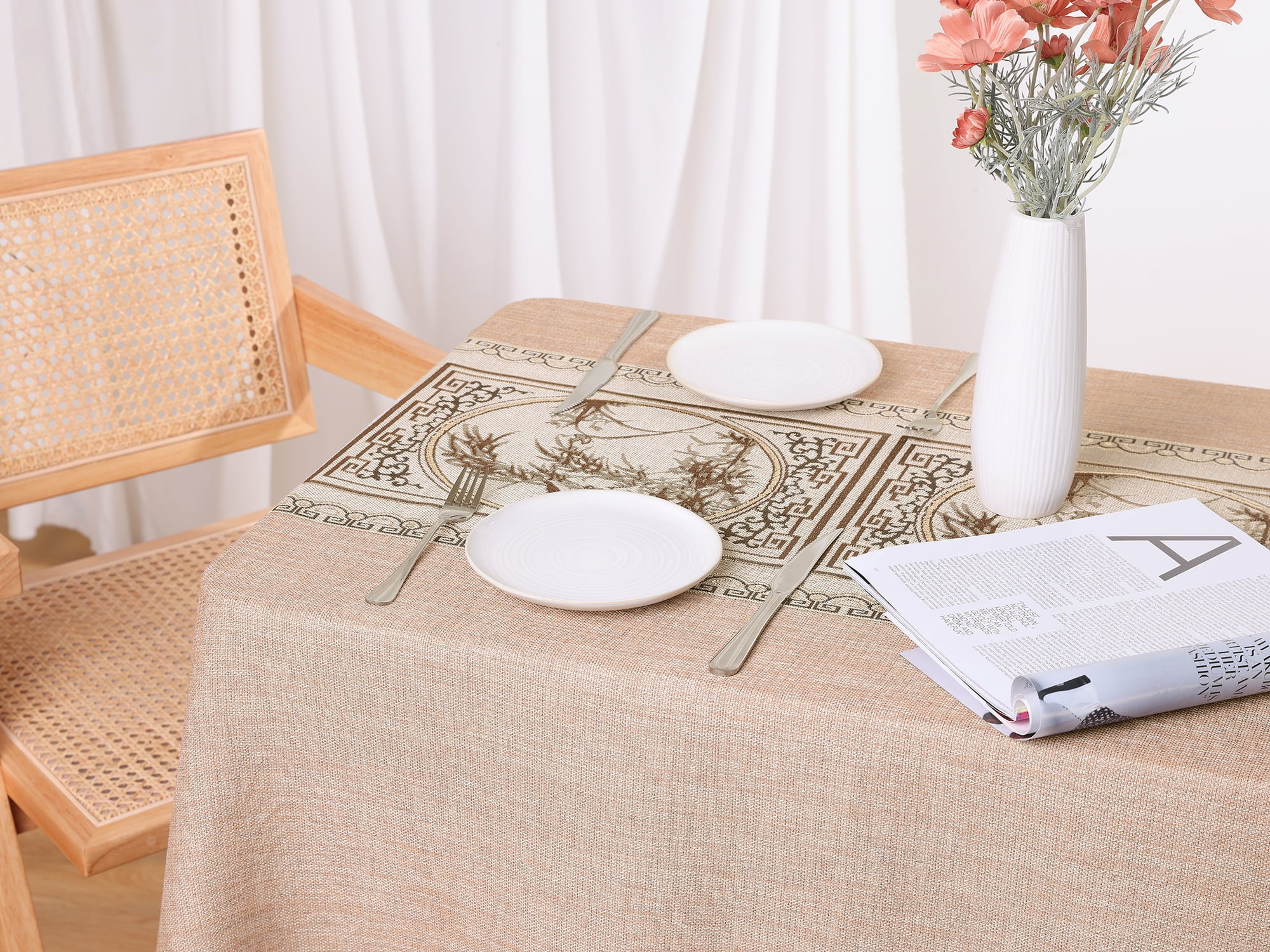 Unique Bargains Rustic Tablecloth Cotton Linen Waterproof Table Cover with Tassels, Garden Coffee 55"x87"