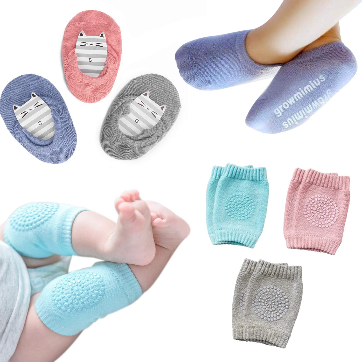 YINYUE Baby Crawling Anti-Slip Knee and Anti Slip Baby Boys Girls Socks Best Infant Gift, Unisex Baby Toddlers Kneepads (Blue Pink Grey)