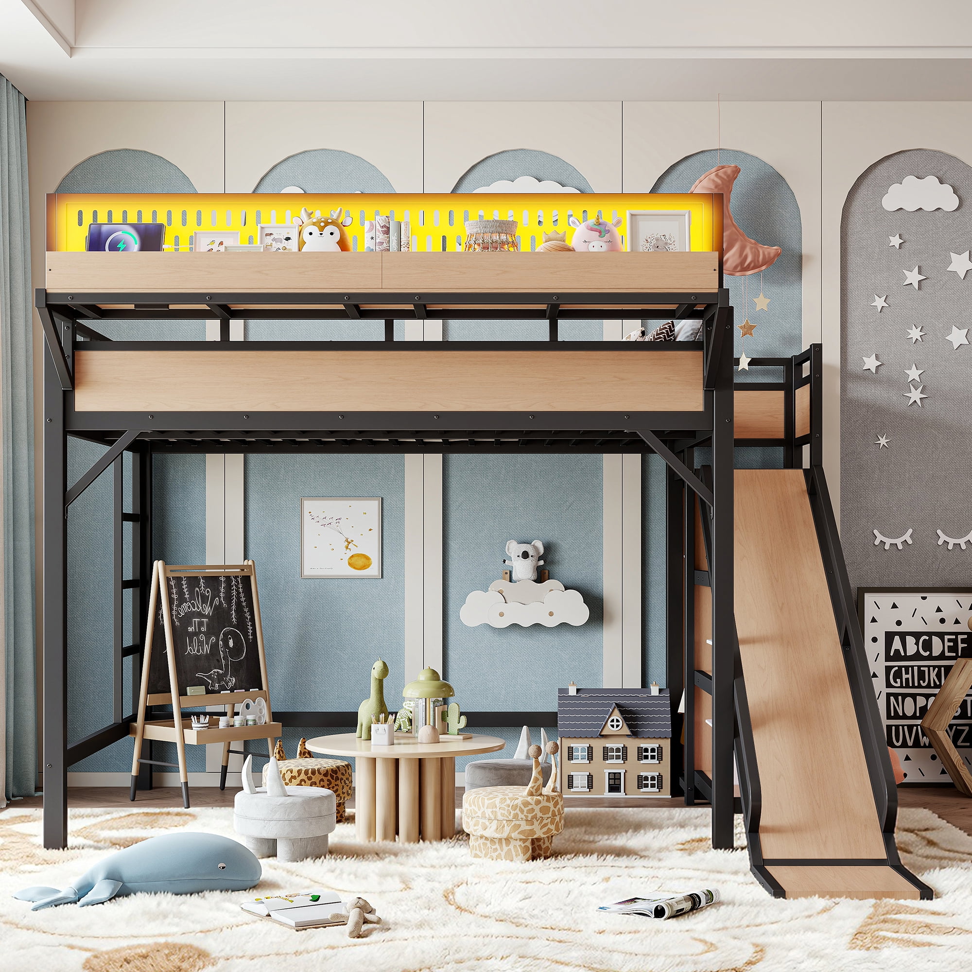 Leumius Full Size Loft Bed with Slide,Storage Shelves and Built-in Wardrobe,Metal Loft Bed Frame with USB Ports and LED Lights,Pegboard,Safety and Solid,