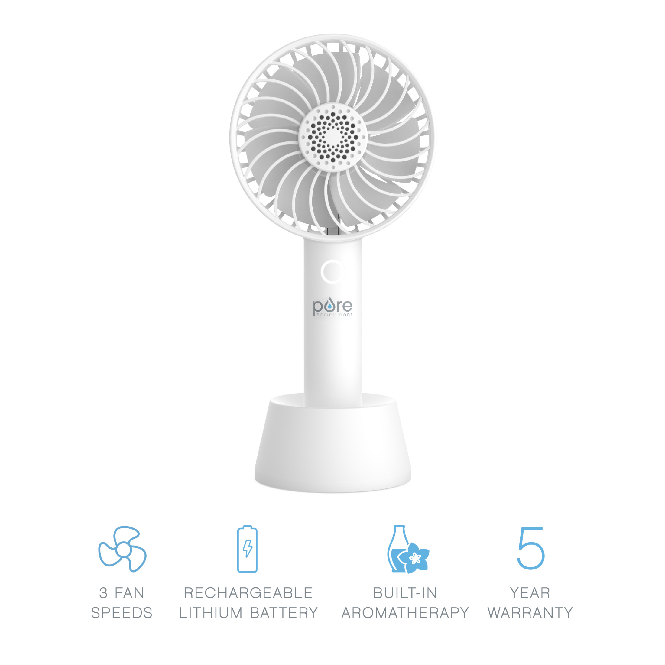 Pure Enrichment PureBreeze Personal Handheld Fan with Base - 3 Fan Speeds, Built-In Rechargeable Lithium-Ion Battery, Lightweight Portable Design, Soothing Optional Aromatherapy Tank, USB Charger