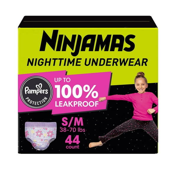 Ninjamas Nighttime Bedwetting Underwear for Girls, Sizes Small-Extra Large