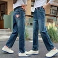 thumbnail image 2 of KAOOCXU Girl Lovely Simple Trousers Love Heart Printed Embroidery Narrow Straight Leg Denim Bottoms Stretchy Pants Skin Friendly Relaxed Fit Activewear, 2 of 4
