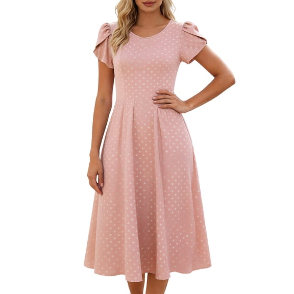 Womens Casual Midi Dresses Dot Print Short Sleeve Round Neck Flowy Beach Pink L