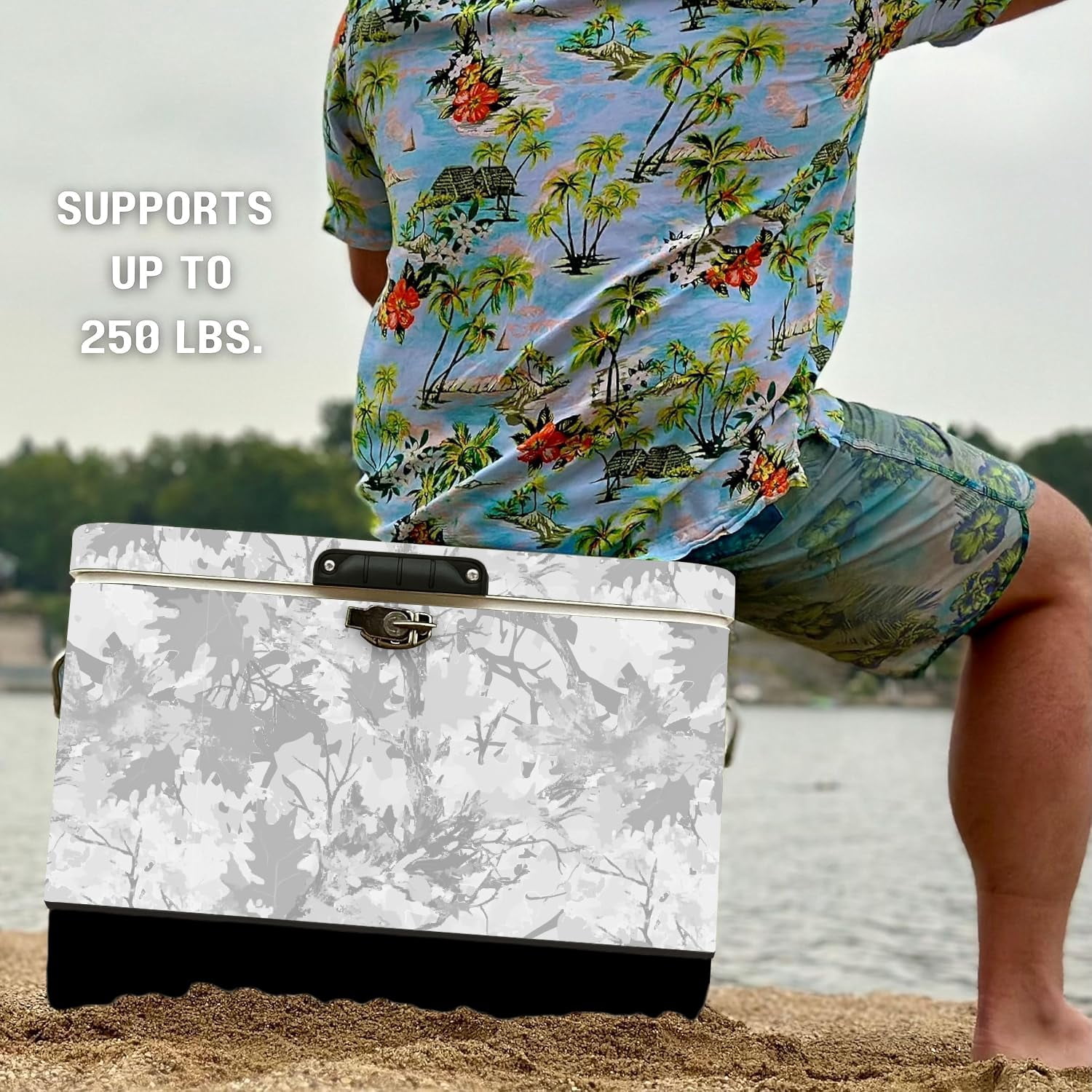 FSE Hard-Sided 54 Qt. / 80 Can Metal Cooler, Two-Tone Gray Camo and Black, Durable Outdoor Beverage Cooler with Latch Closure, Plastic Lining, Side Handles, Portable Tailgating and Camping Ice Chest
