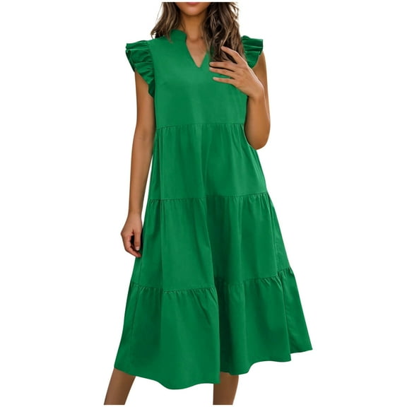 Women's Sleeveless Split V-Neck Solid Casual Dress Ruffle Sleeves Loose Fit Tiered Ruffle Hem Maxi Dress Comfortable Shirt for Daily Wear