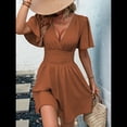 thumbnail image 4 of Vestido Mini de Verano con Escote en V y Mangas con Volantes, Corte A, Cintura Alta Elástica, Holgado y con Vuelo. Color Caramelo XL, 4 of 9