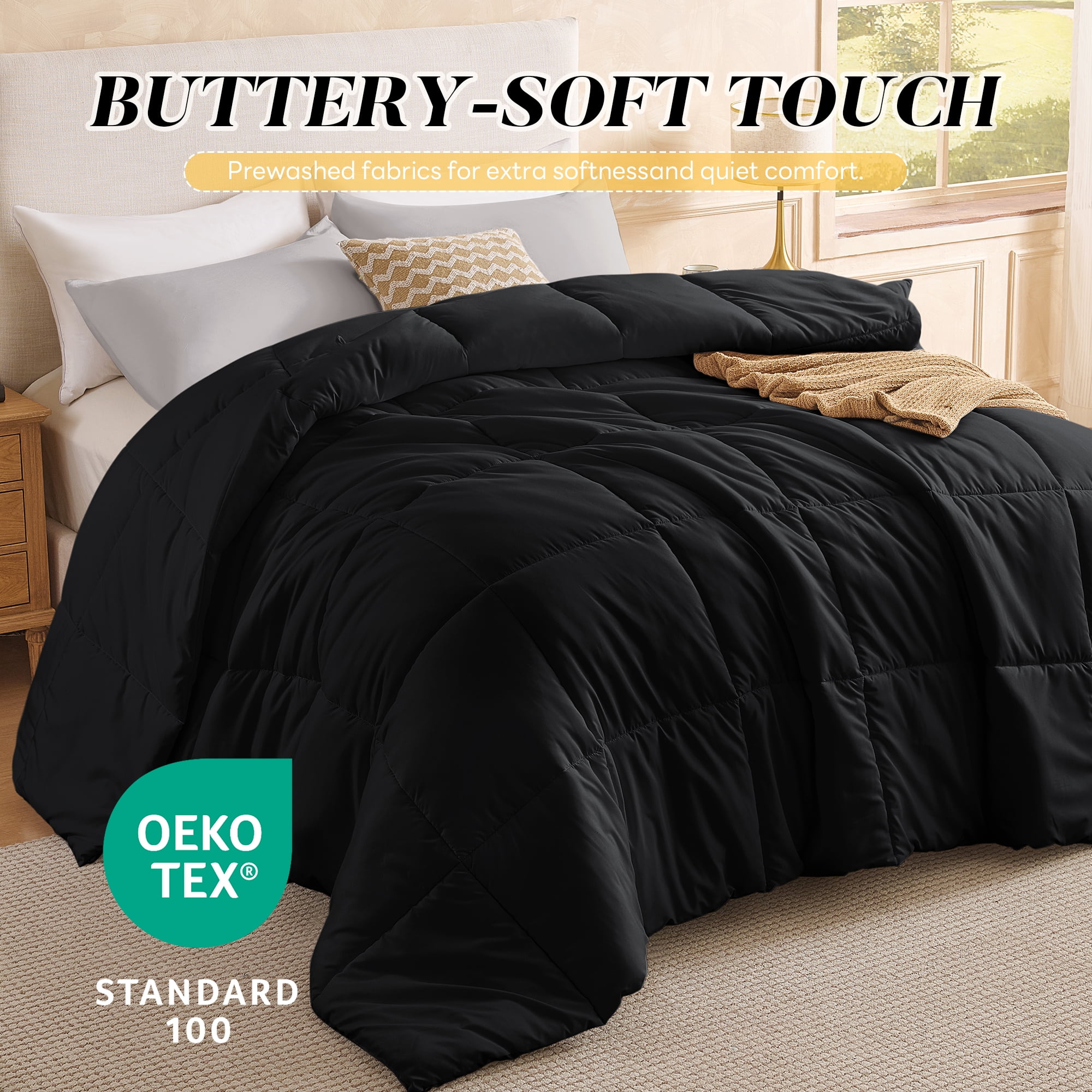 Aquzin Comforter Full Size, All Season Quilted Down Alternative Duvet Insert with Corner Tabs, Machine Washable Microfiber Bedding, Black