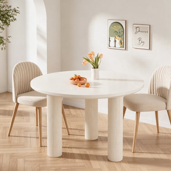 ANPOO 47'' Round Dining Table for 4-6, Modern Cream Dining Room Table with 3 Fluted Cylinder Legs, Painted Wood Kitchen Table with Waterproof Easy-Clean Surface, Circular Table for Dining Room
